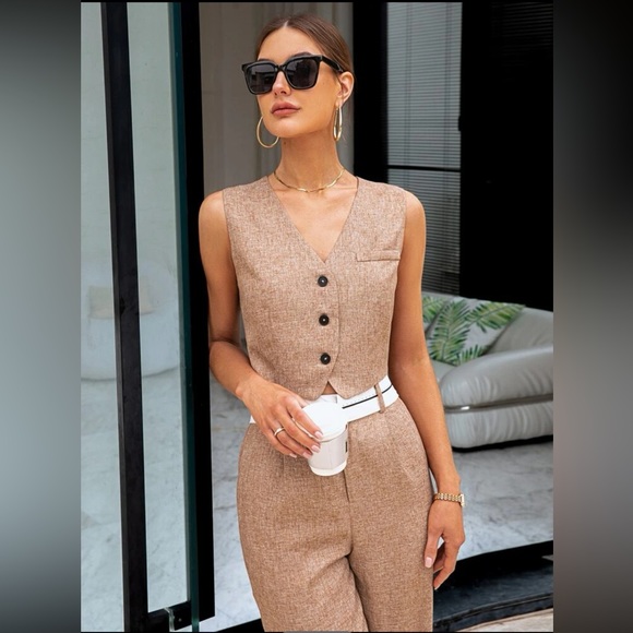 💛Button Front Vest Blazer & Wide Leg Pants Set - Picture 4 of 12